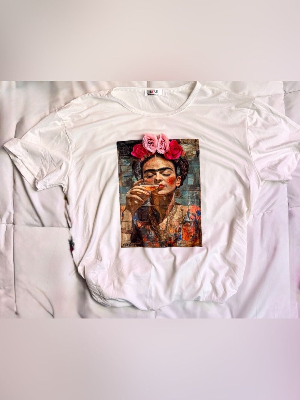 Custom White Frida tshirt withPink Floral Accents silk roses